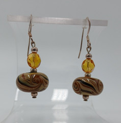 925 Lampwork Glass Bead Earrings 1.25in Sterling Silver 5gtw Brown Cream Swirl