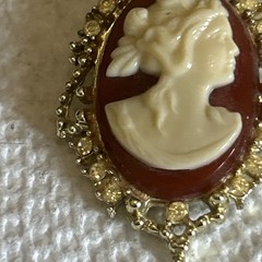 Cameo Pendant/brooch On Orange Background With Stones On Goldstone Setting