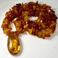 Vintage Baltic Amber Pendant Necklace 25 in Natural Honey Amber Nuggets 56 gm