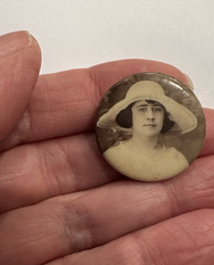 Antique 1″ Celluloid Portrait Pin Back Button Woman Portrait C -Clasp c 1920