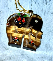 Vintage .925 Gold Chain & Tiger Eye Elephant/Rhinestone/Enamel Necklace