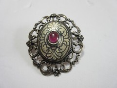 Vintage 900 Silver &Pink Stone Niello Brooch Pin ~ 14.5 grams