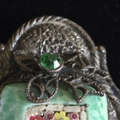Antique Silver Tone Millefiori Micromosaic Brooch Pin Green Rhinestones Art Deco