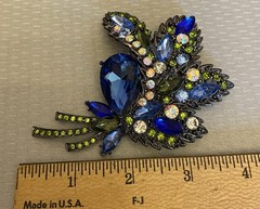 Vintage Blue AB Rhinestone Brooch Oversized Corsage Bouquet Black Metal unsigned