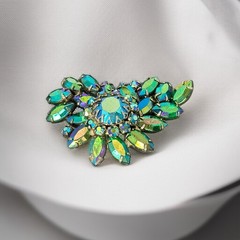 Vintage 1950s Peacock AB Emerald Rhinestone Brooch Silver Tone Marquise Chaton