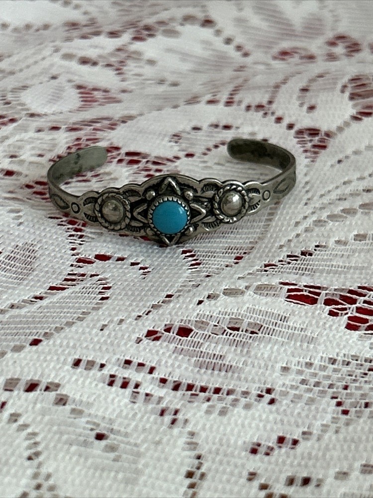 Vtg Nickel Silver~Bell~Childs Turquoise Bracelet~5.7 Gms