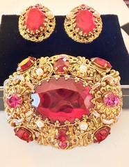 West Germany Gold Filigree Enamel Ruby Red & Pink Rhinestone Brooch & Earrings