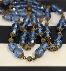 Antique Art Deco Blue Czech Glass & Brass Filigree 34 Inch Necklace 20s-30s