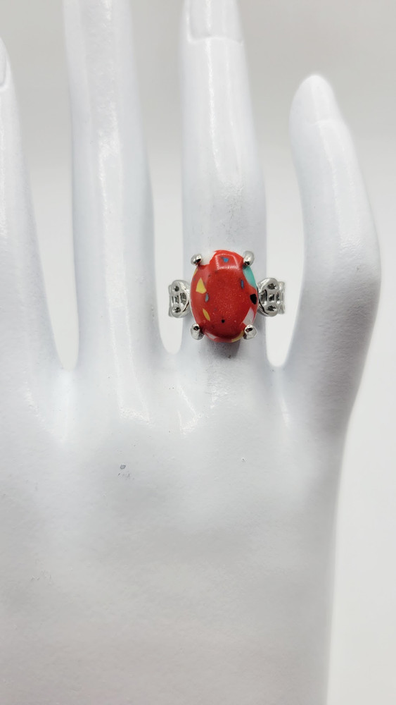 Women’s Silver Tone Oval Simulated Stone Red Multicolor Abstract Ring Size 5.5