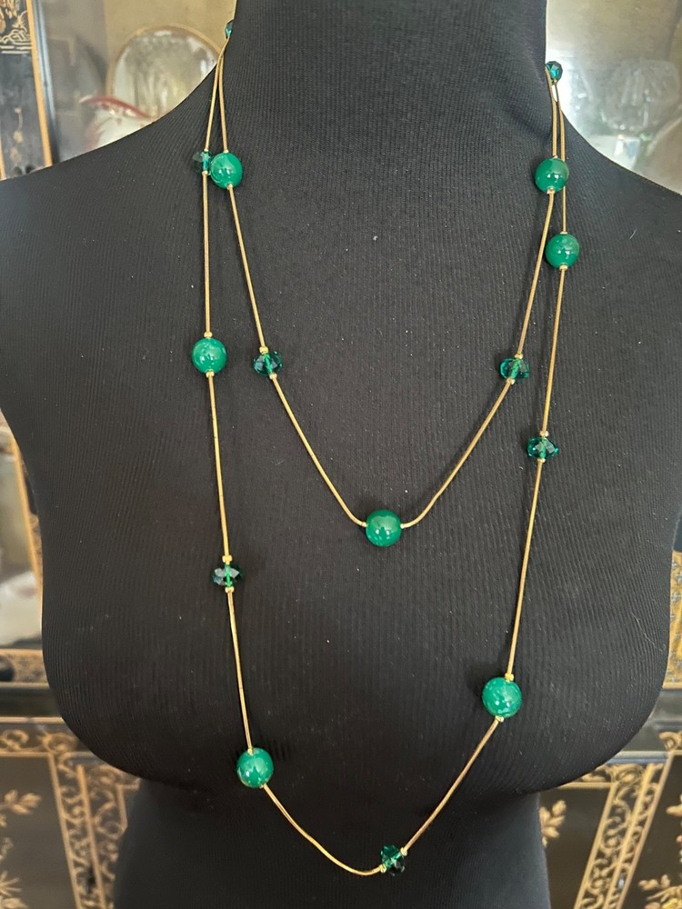 Jade Green Glass Stone Necklace Single Strand Lucite Beaded Flapper Gold Tone