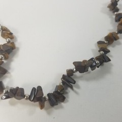 Beaded Necklace Vtg Brown Natural Stone Chips Silver Tone 19.5″