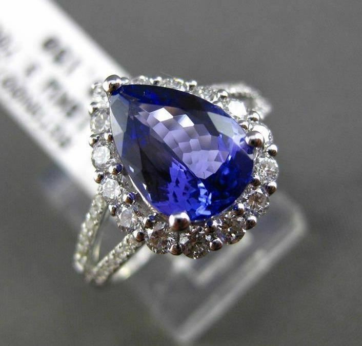 ESTATE 4.46CT DIAMOND & TANZANITE 18KT WHITE GOLD 3D PEAR HALO ENGAGEMENT RING