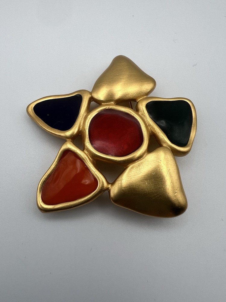 Anne Klein Vintage Enamel Star Brooch Gold Tone Multi Color 2in Retro 90s