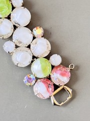 Vintage Signed HOBE’ Bracelet & Earring Set, White & Pink Givre Glass Stones