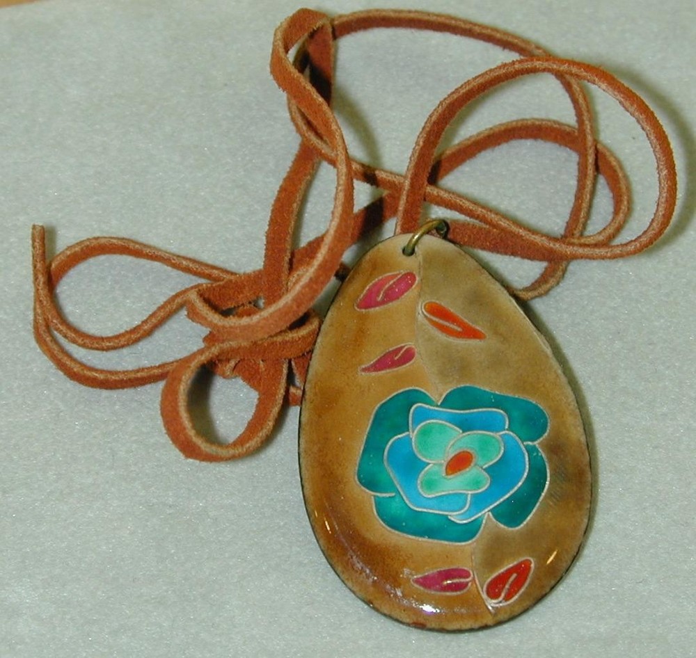 Vintage Cloisonne Flower Pendant On Leather Cord Artisan