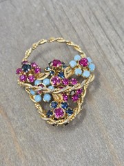 Pink Blue Rhinestone Flower Basket Brooch Pin Gold Tone Vintage 2 Inch Unsigned