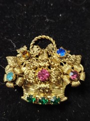 Vintage Czech Brass Toned Floral Basket Brooch Multi-Colored Rhinestones Glass