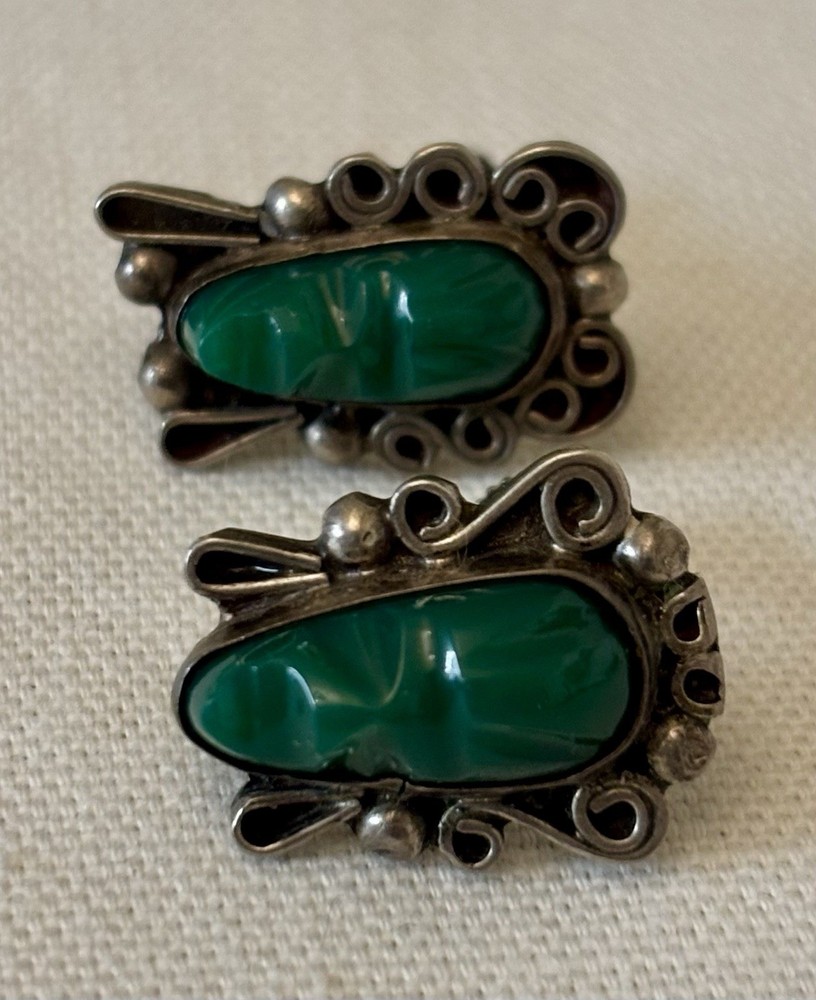 Rare 1950’s Sterling Silver Mexico, Bakelite Carved Aztec Mayan Mask Earrings