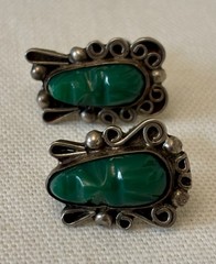 Rare 1950’s Sterling Silver Mexico, Bakelite Carved Aztec Mayan Mask Earrings
