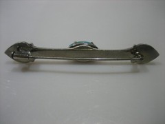 STUNNING VINTAGE SILVER FAUX TURQUOISE RHINESTONE TROMBONE CLASP BROOCH