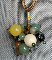 Vintage Jade Grape Necklace Cluster Beads gem stone mix On Long cord Multi Color