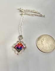 Vintage Rainbow Color Faceted Square Sterling 925 Diamond Shape Pendant Necklace