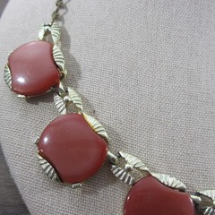 Vintage Thermoset Necklace Red Gold Tone 18 Inch
