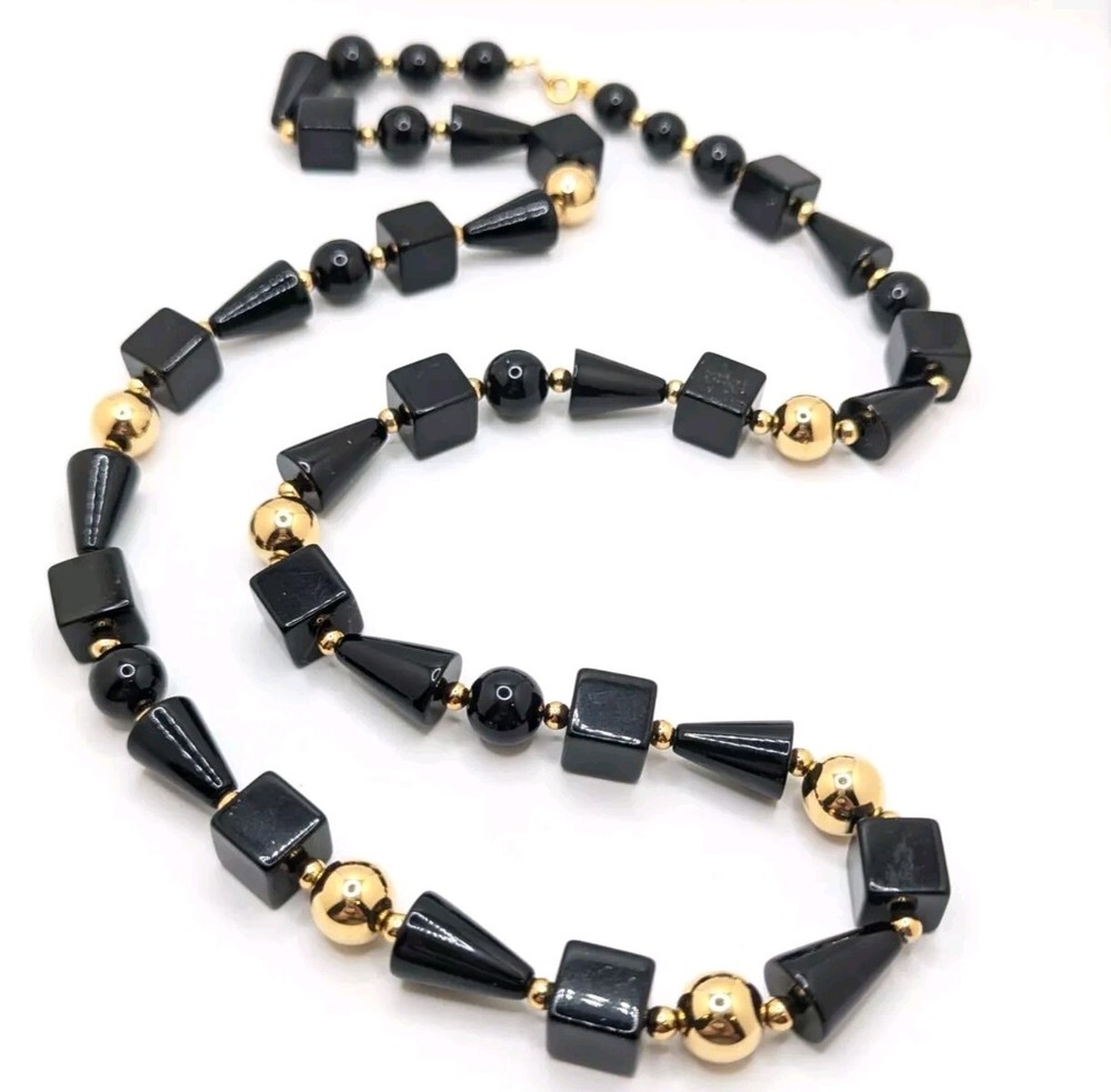 Vintage 1980s Trifari Art Deco Black Gold Beaded Necklace Long Layering Geometri