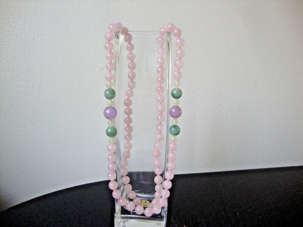 VINTAGE 12mm AMETHYST 10mm AVENTURINE JADE 8mm ROSE QUARTZ ENDLESS BEAD NECKLACE