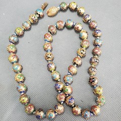Vintage Chinese Cloisonne Enamel Bead Necklace 23″ Hand Knotted Floral Gold