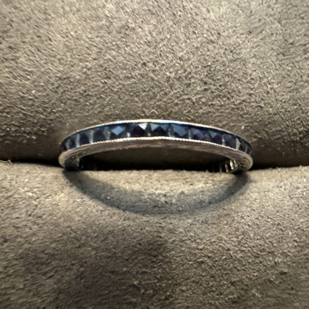 Antique 14K White Gold French Cut Blue Sapphire Eternity Wedding Band