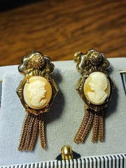 Antique Gold Filled Old/Young Cameo Necklace Double Sided Pendant & Earrings SET