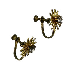 Vintage Sun Earrings Rhinestone Gold Tone Screw Back Dainty Everyday Retro