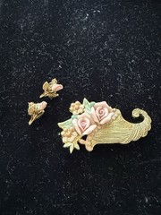 Vintage 1928 Brooch And Earring Set, Cornucopia, Roses, 1970s-1980s