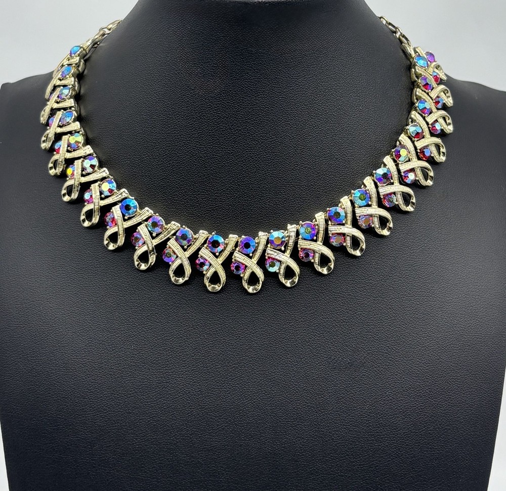 Vintage Mid Century Necklace Ribbon Link Design Gold Tone AB Rhinestone Unsigned