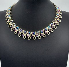 Vintage Mid Century Necklace Ribbon Link Design Gold Tone AB Rhinestone Unsigned
