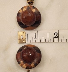 Vintage Clip On Earrings Brown Wood Inlay Cabochon Boho Beaded Dangle Drop