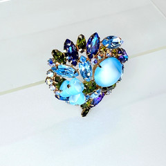 Vintage Blue Aurora Borealis Rhinestone Brooch Pin Flowers Blue Stone