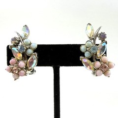 Florenza Vintage Pastel Floral Accented Iridescent Aurora Borealis Clip Earrings