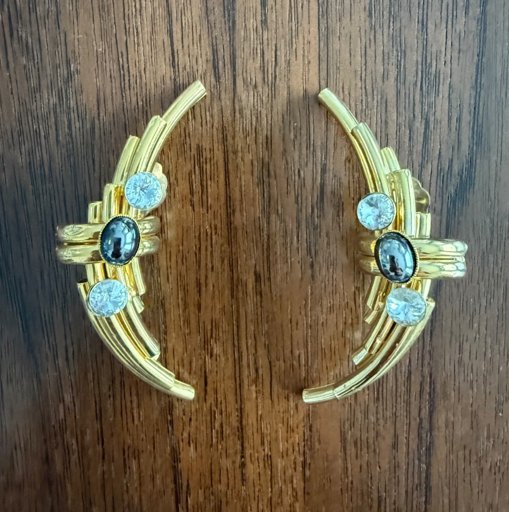 Vintage 1980s Maximalist Brutalist Ear Climbers Gold Plated Tubes Hematite Clip