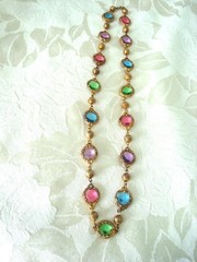 Vintage Gold Tone Necklace Bezel Set Pink Purple Blue Green Stones 22 1/2 In.