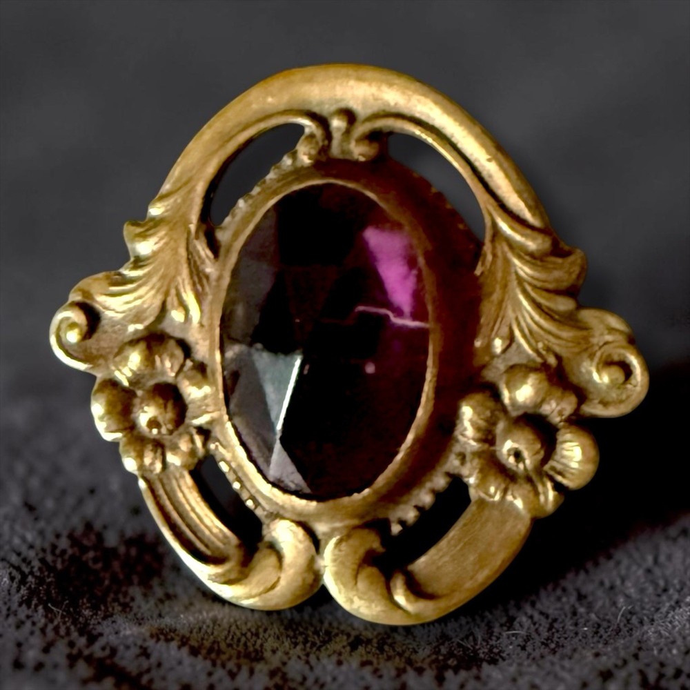 Antique Edwardian Brooch Purple Glass Art Nouveau Gilded Brass Pin