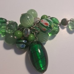 Vtg Green Glass Plastic Beads Metal Disks 28″ Inches Chip Large Bead Millefiori