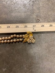 Vintage CELEBRITY NY Double Strand Faux Pearls & Rhinestone Necklace Leaf Clasp