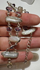 Lavender Amethyst Stone 6″ -7″ White Pearl Beads Silver Vintage 14.3g Bracelet