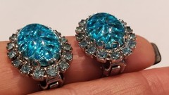 Vintage Earrings Big Molded Glass Cabochon & Rhinestone Judy Lee 1950s Sparkle