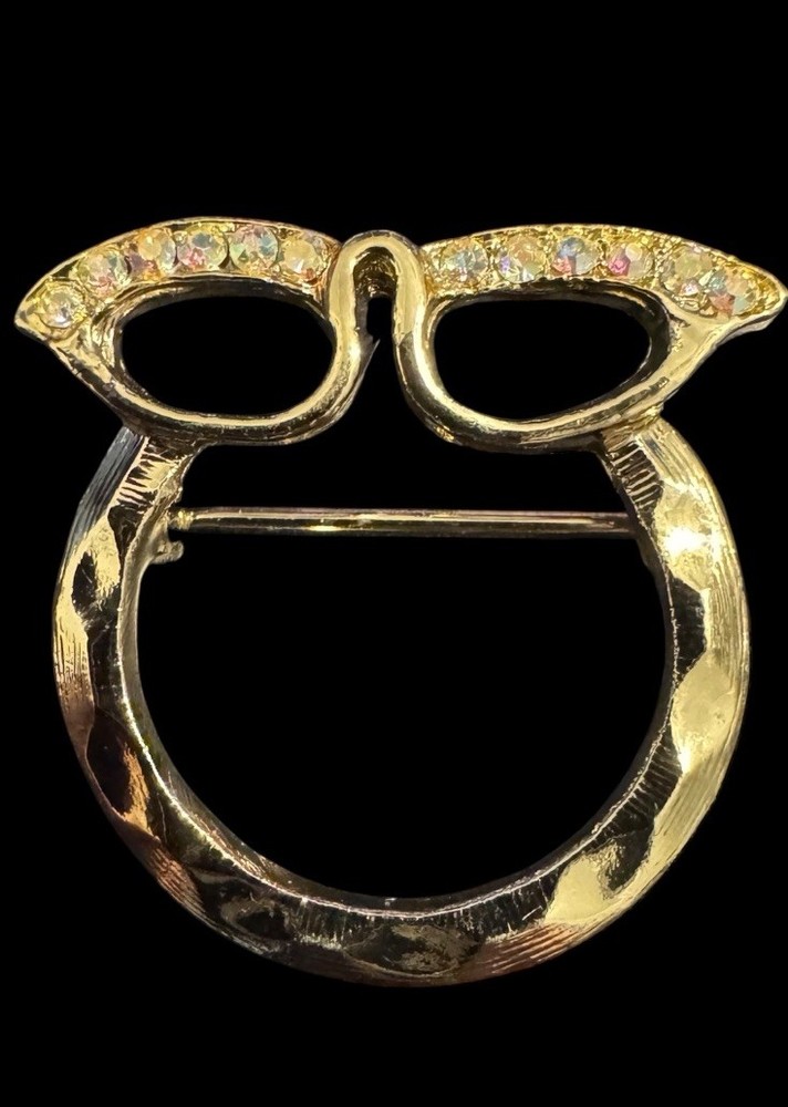 Vintage Eye Glasses Pin Brooch Lanyard Hanger Gold Tone Cat Eye Crystals J8