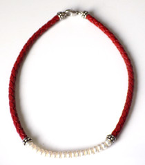 Vintage Honora Pearl Collar Necklace Red Braided Leather 925 Sterling Silver