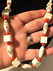 Czech Necklace 28 In Glass Floral Orange White Round Oval Glass Cubed beads