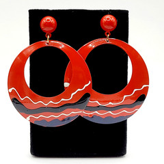 Large Metal Hoop Red Black White Enamel Hand Painted Pierced Vintage Earrings